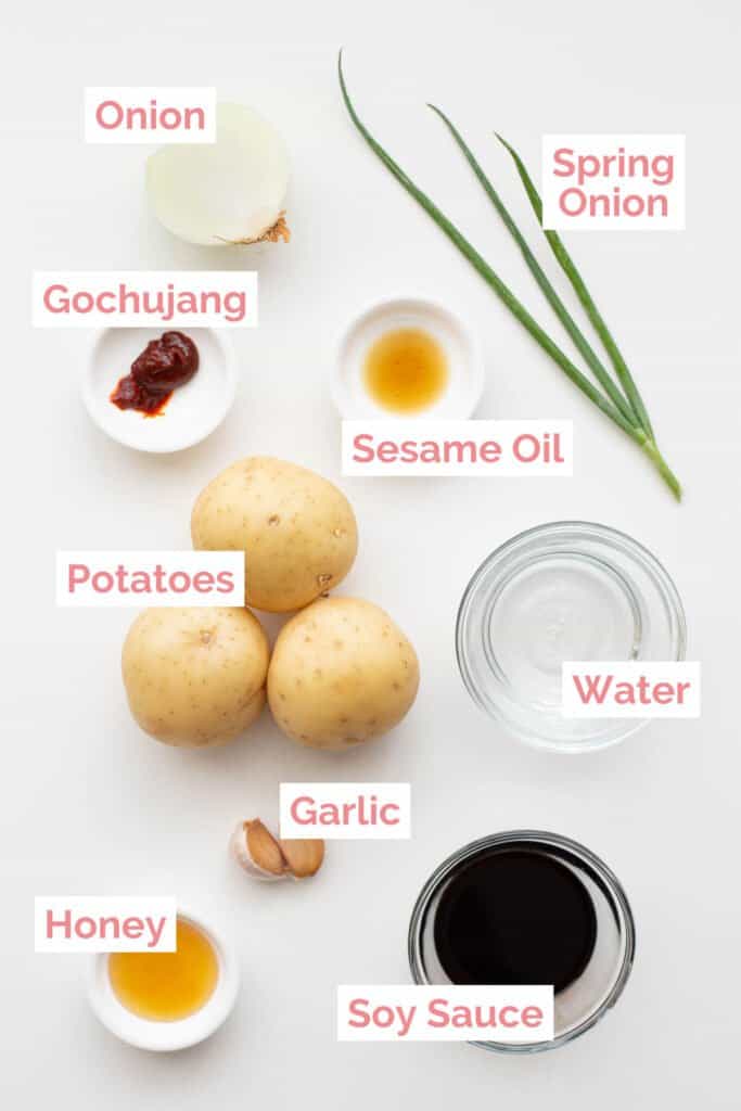 Ingredients laid out to make Korean braised potatoes.