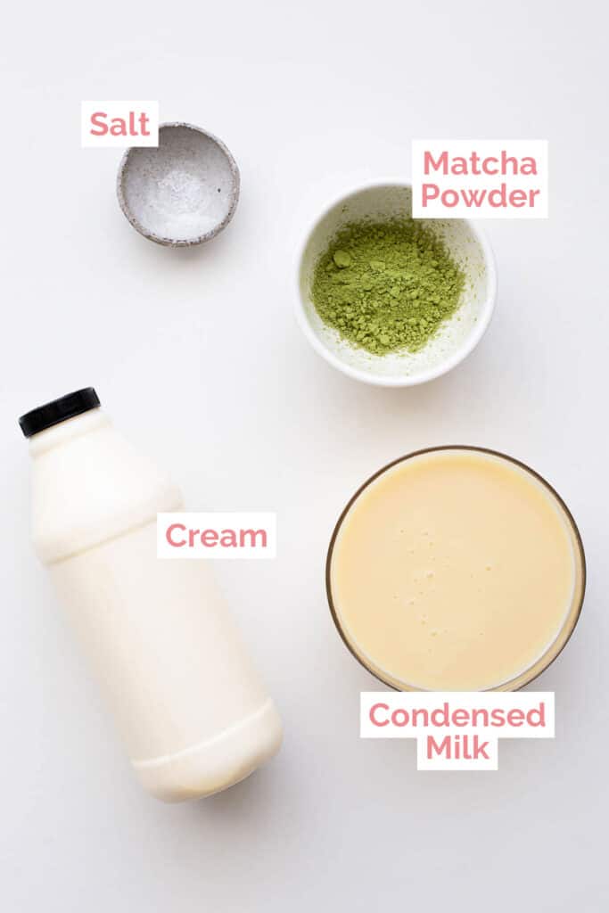 Ingredients laid out to make green tea ice cream.