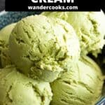 Close up of matcha green tea ice cream scoops.