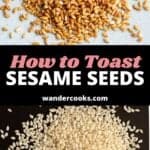 Two images showing untoasted and toasted sesame seeds.