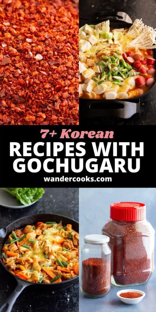 Four images of recipes featuring gochugaru (Korean chilli powder).