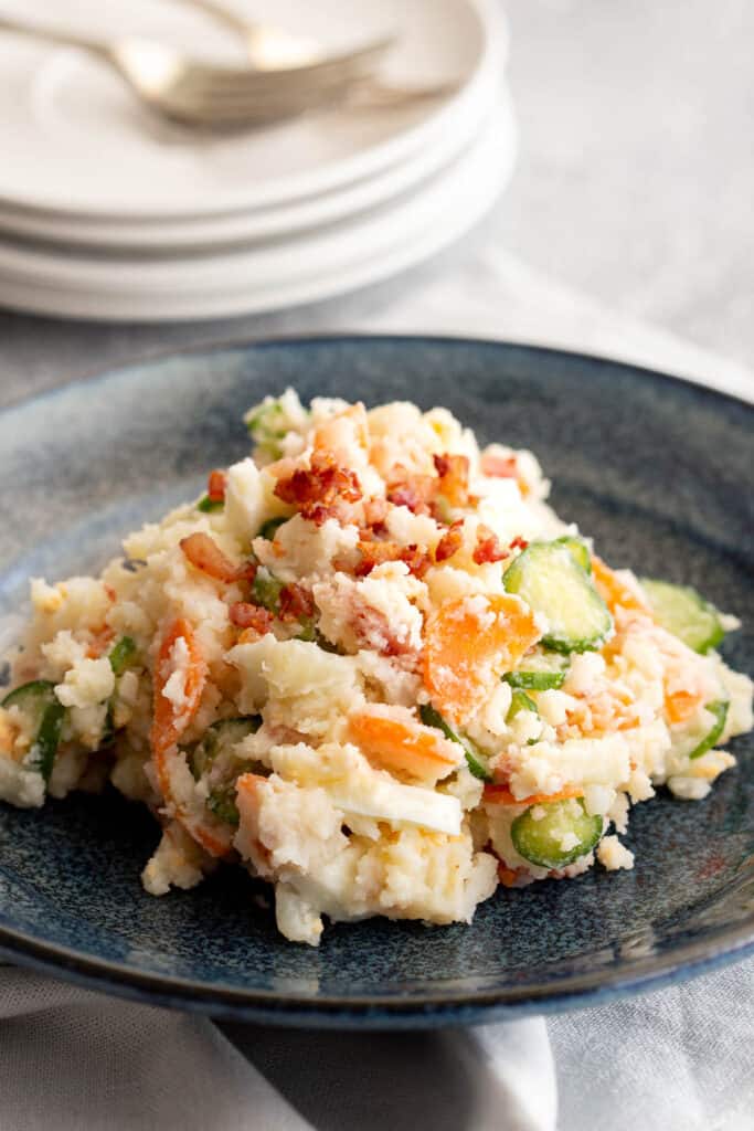 A plate of Japanese potato salad ready to be served.