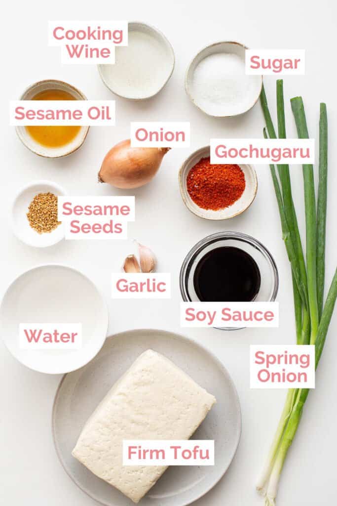 Ingredients laid out to make Korean braised tofu.