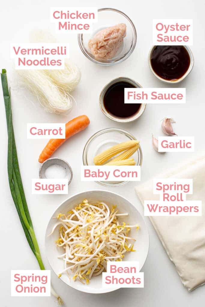 Ingredients laid out for Thai spring rolls.