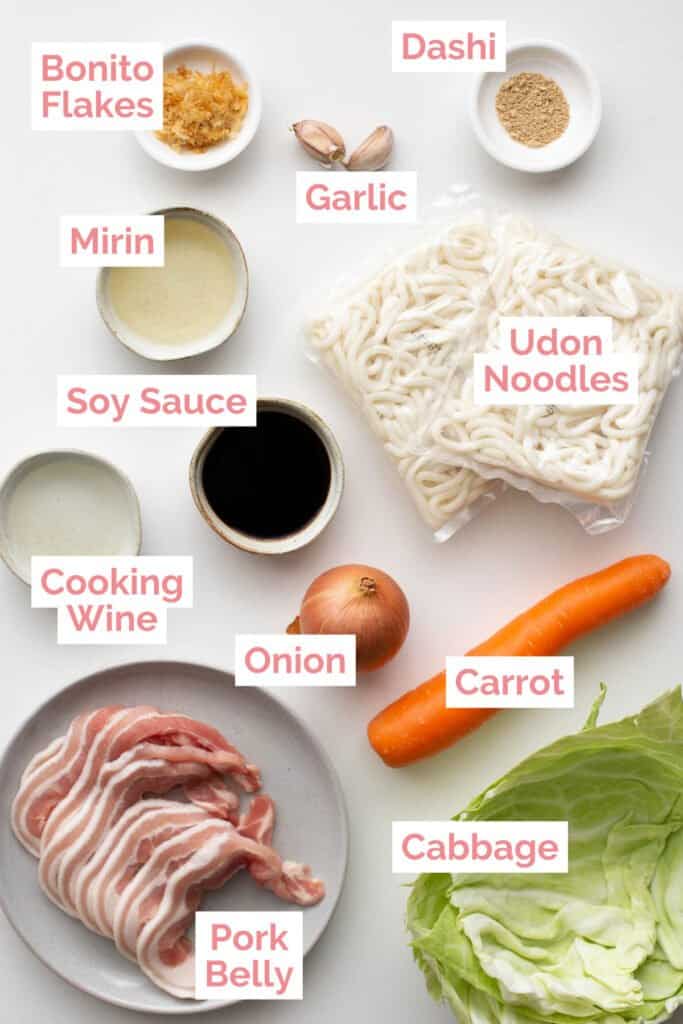 Ingredients laid out to make Japanese stir fried udon noodles.