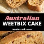 Slices of weetbix cake showing the flecks of dates throughout. One piece is slathered in slightly melted butter.