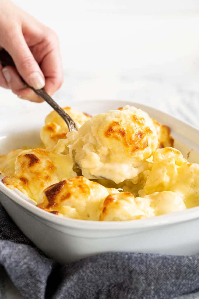 A spoonful of cauliflower cheese being picked up out of a white baking dish.
