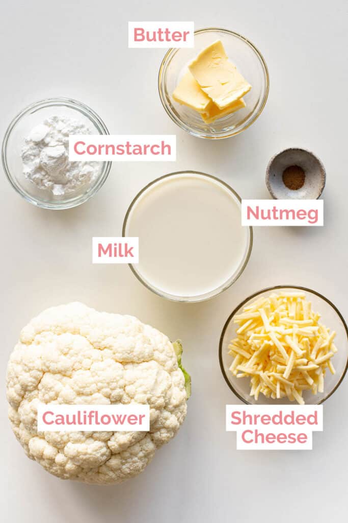 Ingredients laid out to make cauliflower cheese.