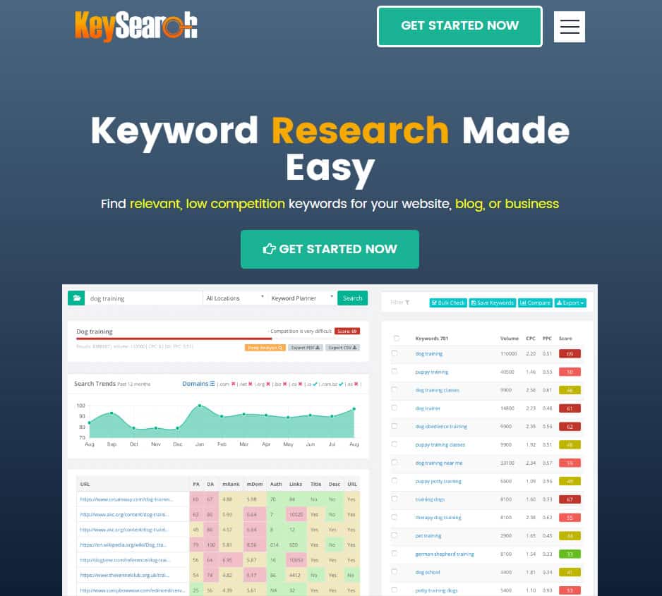Screenshot of the KeySearch home page.
