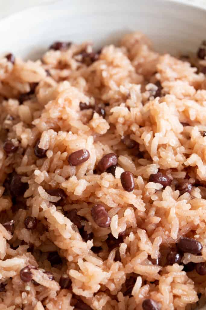 Close up shot of freshly cooked sticky rice with red beans.