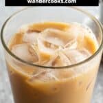 Iced coffee in a glass with text overlay.