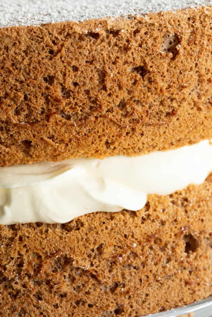 Close up of ginger fluff sponge cakes and cream.