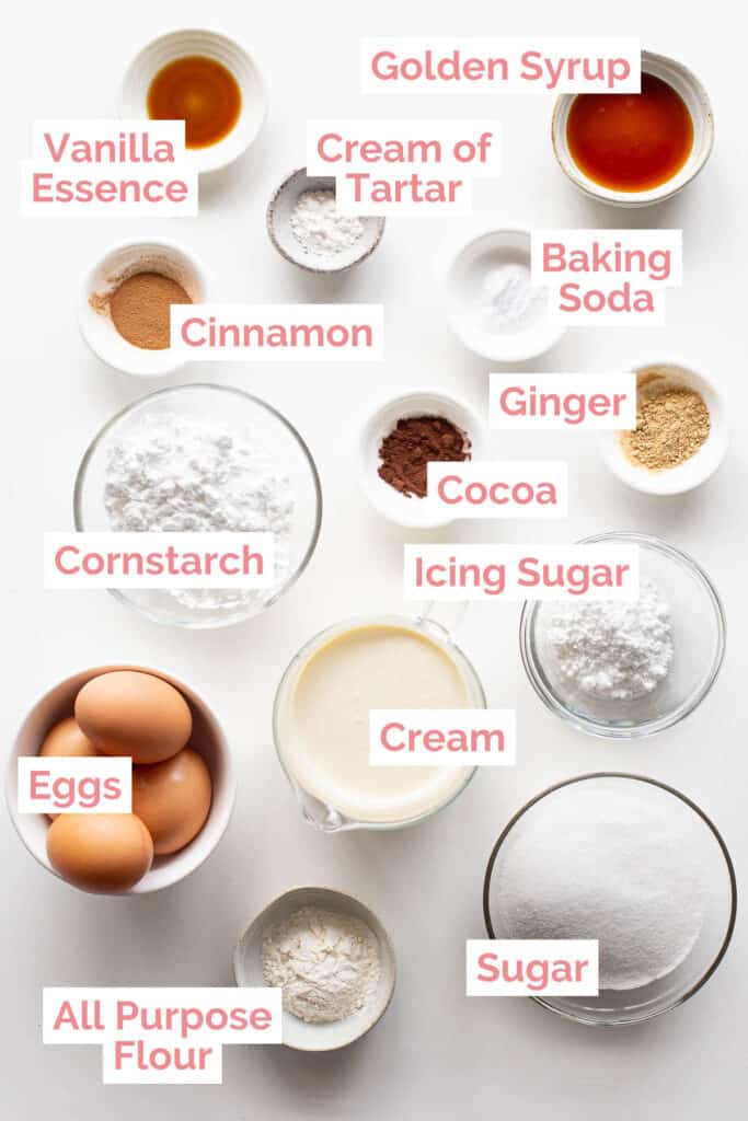 Ingredients laid out to make a ginger fluff sponge cake.