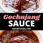 A deep red homemade gochujang sauce, with a spoon taking some out.