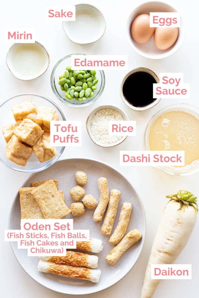 Ingredients laid out to make Japanese oden hot pot.
