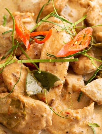 Thinly sliced lime leaves and chilli are topped on a bowl of Panang chicken curry.