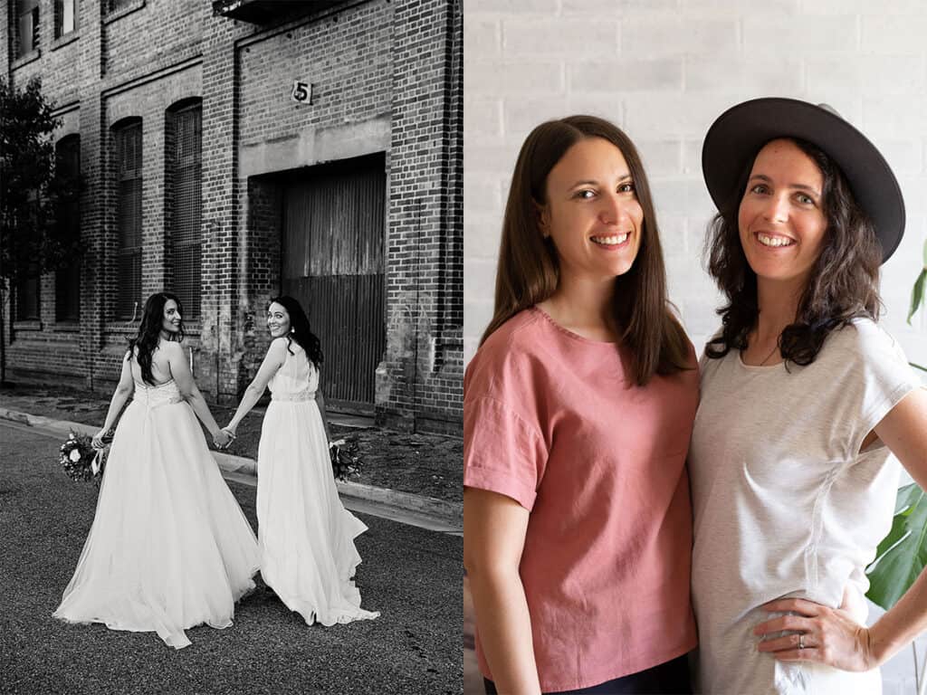 Left: Sarah and Laura on their wedding day. Right: Sarah and Laura standing in their lounge room.