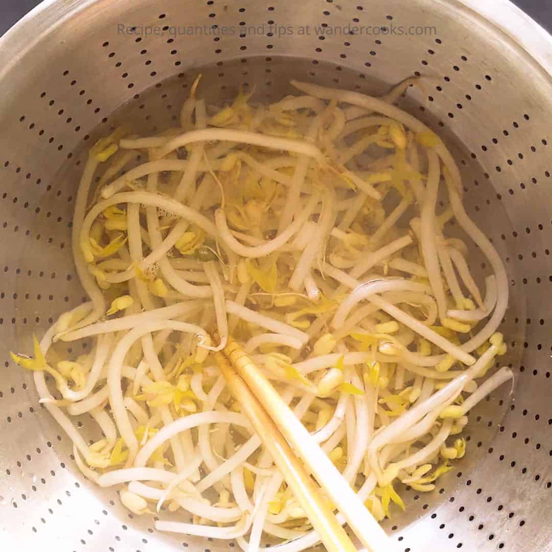 Blanching bean sprouts in boiling water.