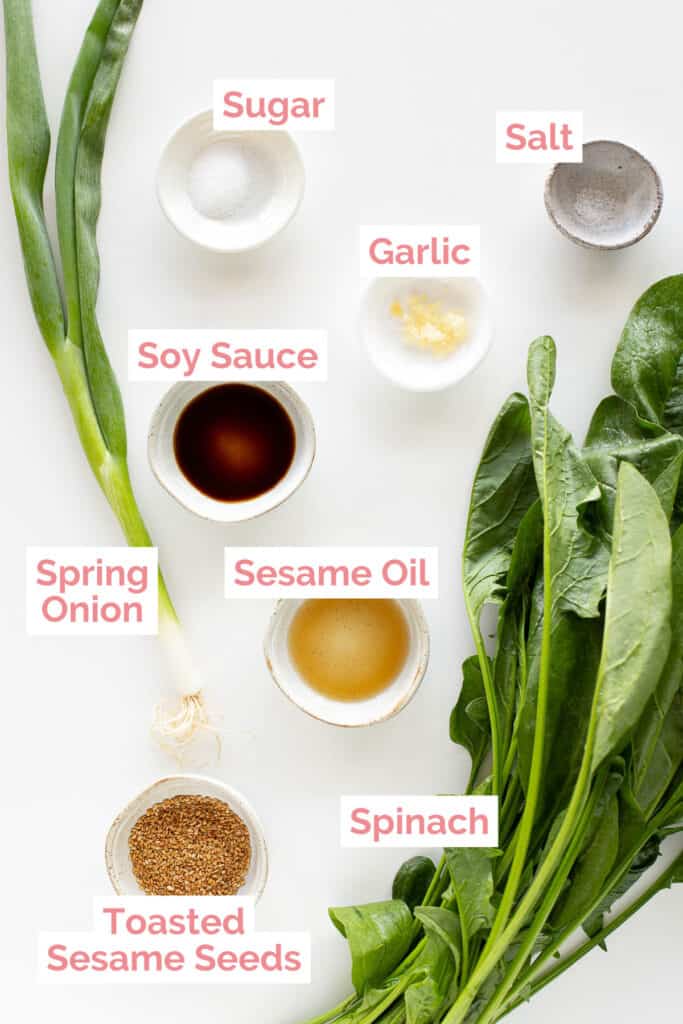 Ingredients laid out ready to make Korean seasoned spinach.