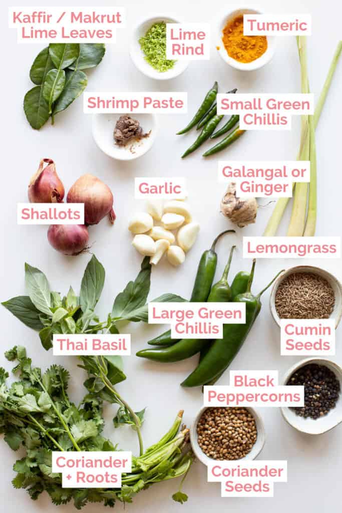 Ingredients laid out to make Thai green curry paste.