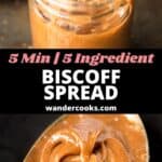 Biscoff spread in a jar and on a spoon.