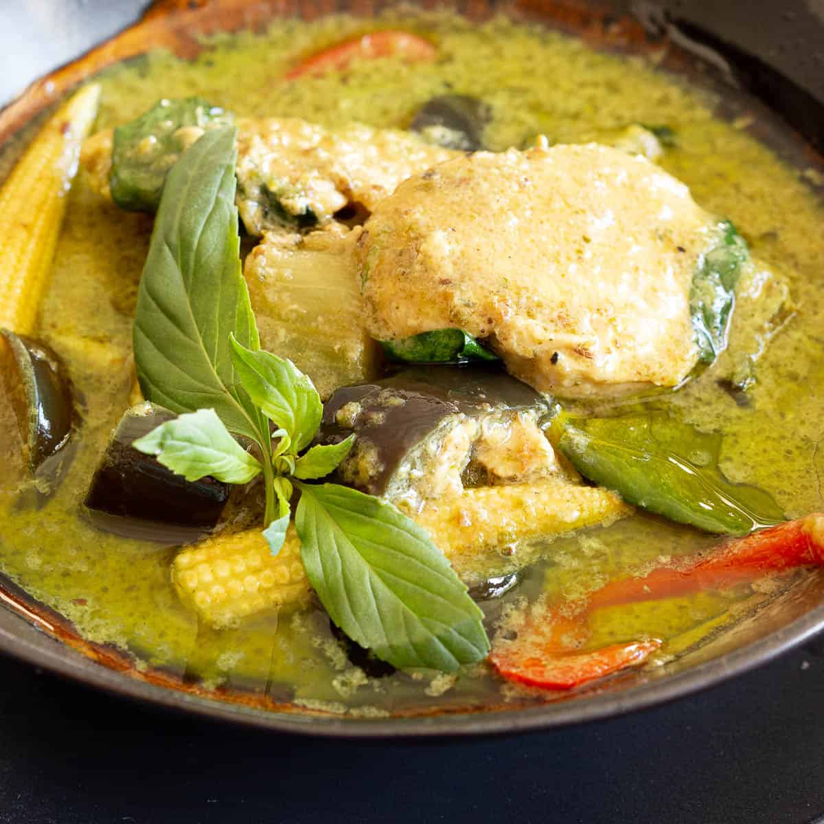 A large bowl of Thai green chicken curry with eggplant and baby corn.