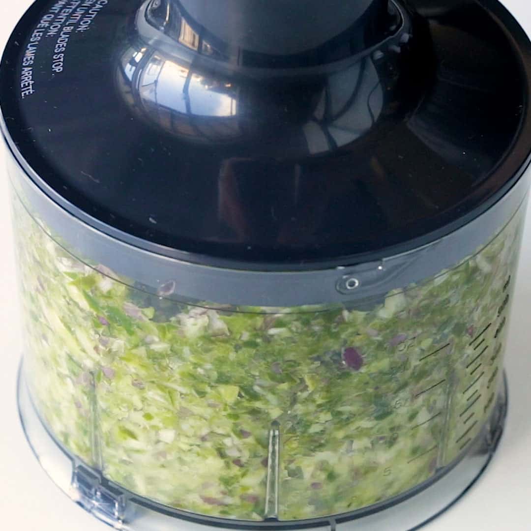 Herbs being chopped together in a blender.