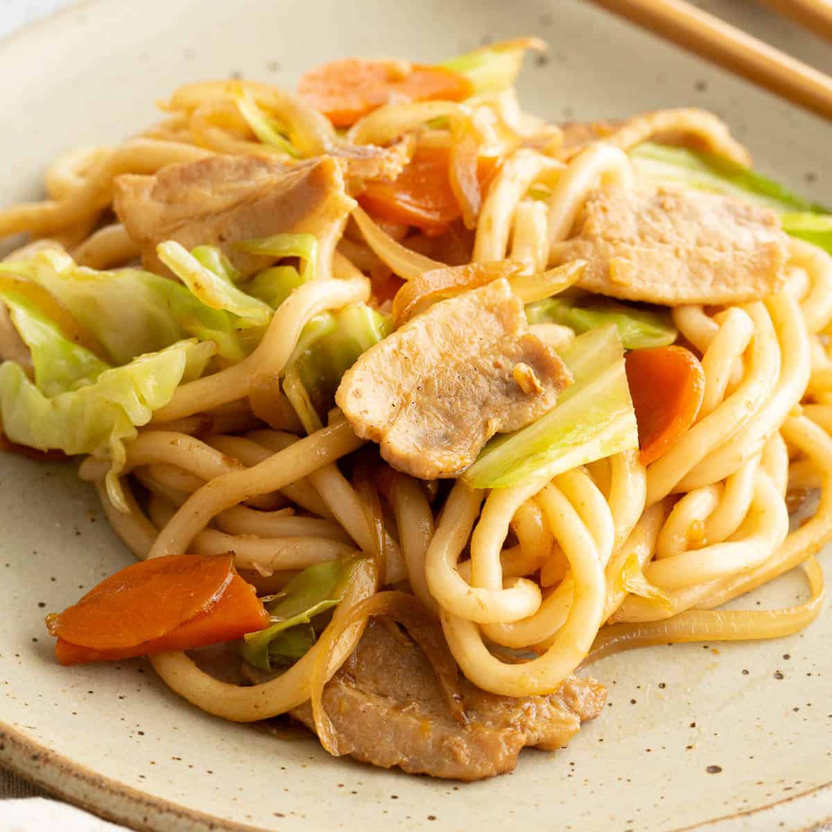 A plate of yaki udon showing the pork and vegetables.