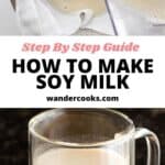 Two images of soy milk with text overlay.