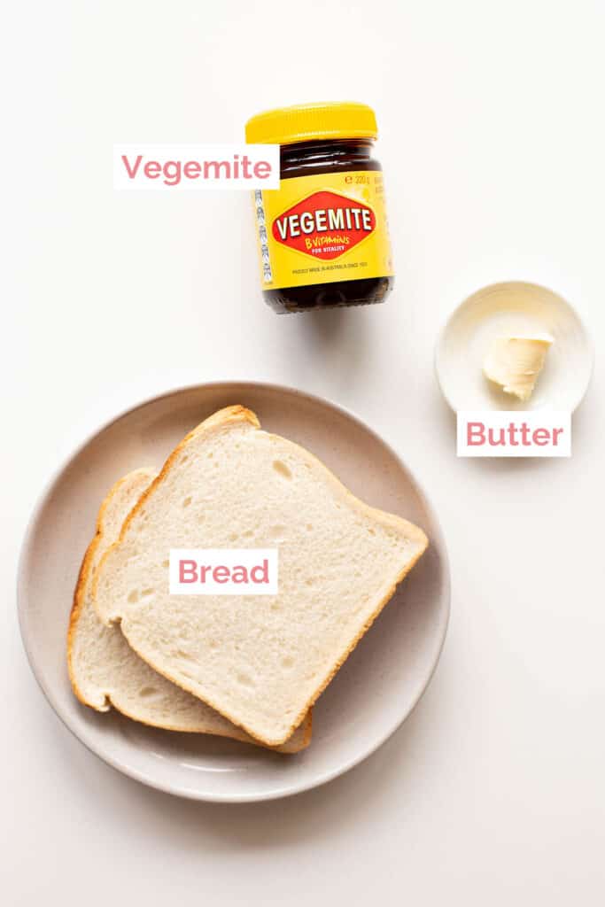 Ingredients laid out ready to make vegemite on toast.