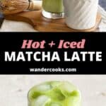 Matcha lattes and whisk sit on a wooden board. Another crop shows a close up of the iced matcha latte.
