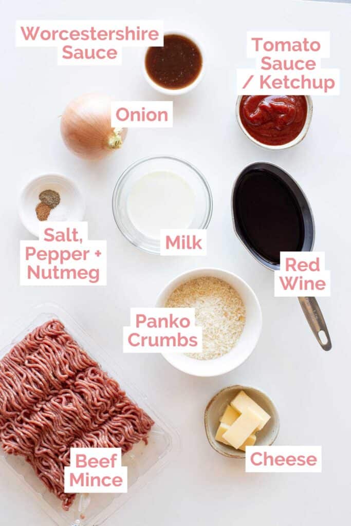Ingredients laid out to make Japanese hamburger steaks and demi glace sauce.