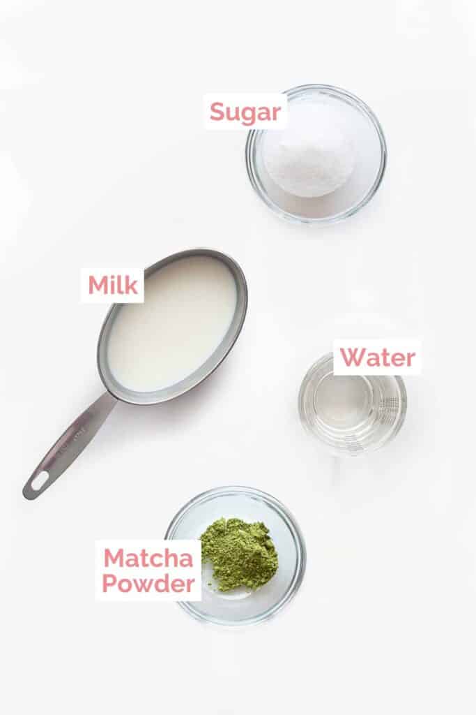 Ingredients laid out to make matcha latte.