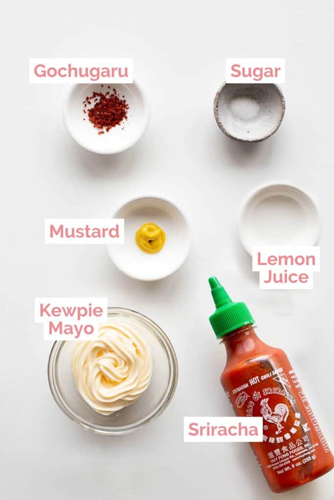 Ingredients laid out to make sriracha mayo.