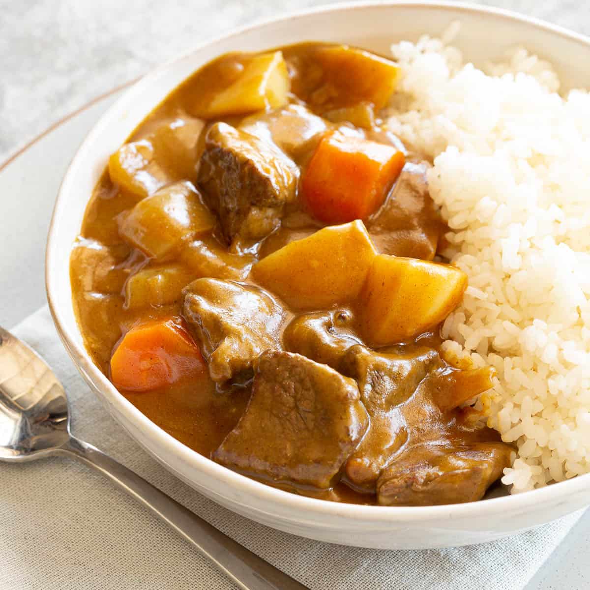 Creamy Japanese beef curry alongside rice in a big bowl.