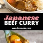 Japanese beef curry in a bowl and a spoon ladles curry into another bowl.