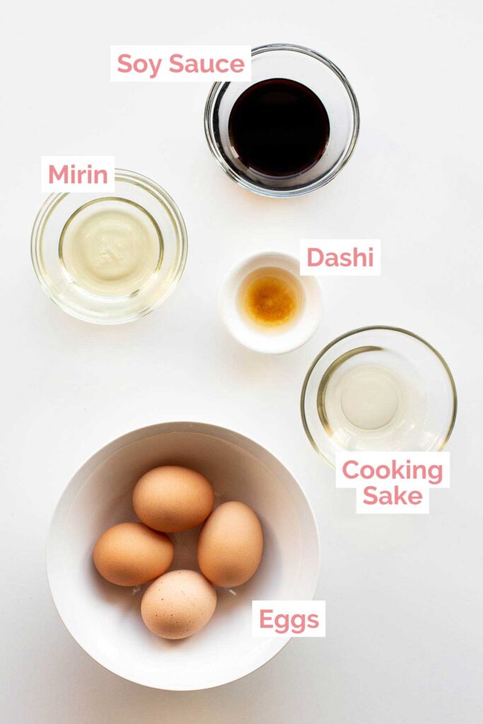 Ingredients laid out to make Japanese ajitsuke tamago.