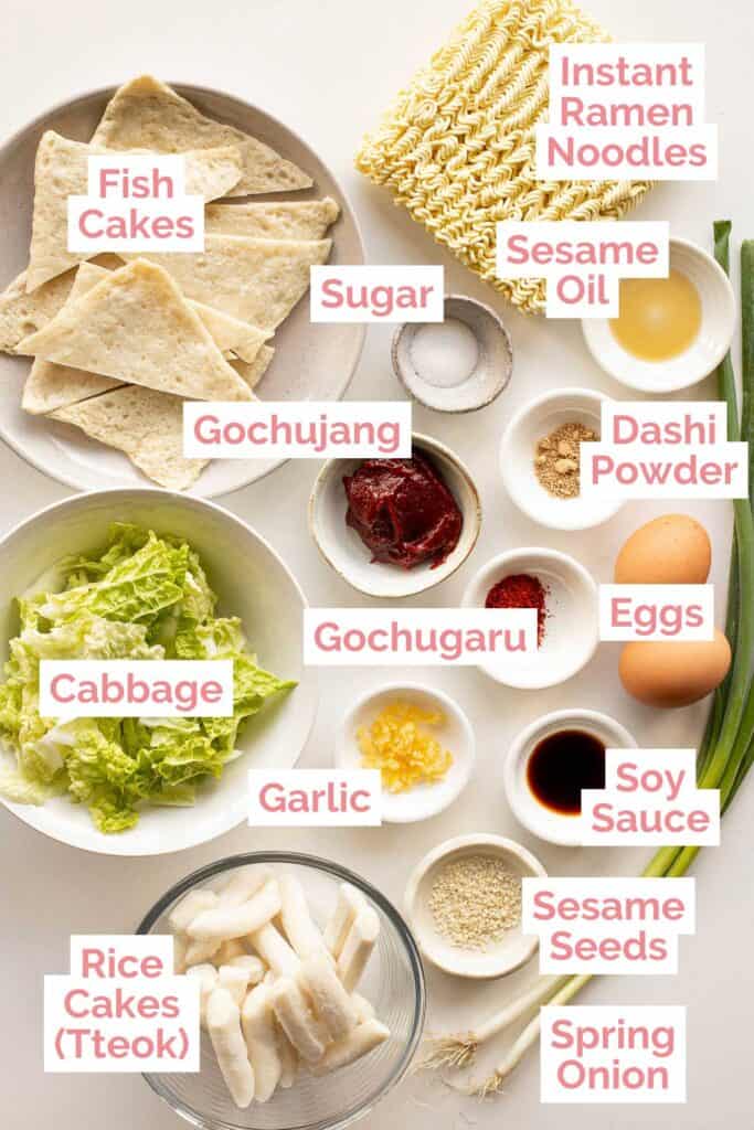 Ingredients laid out to make Korean rabokki.
