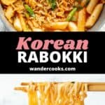 Rabokki in a saucepan, and ramen noodles held up with chopsticks.