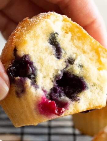 The close up of the crumb on a moist blueberry muffin.