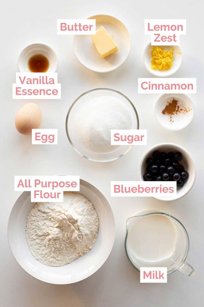 Ingredients laid out to make lemon blueberry muffins.