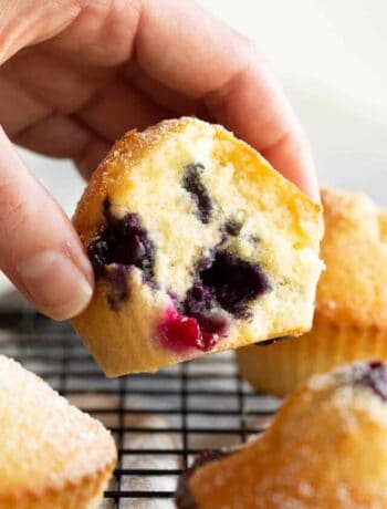 A hand picks up half a blueberry muffin with a bite taken out.