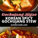 Bowl and saucepan filled to the brim with spicy, red gochujang stew.