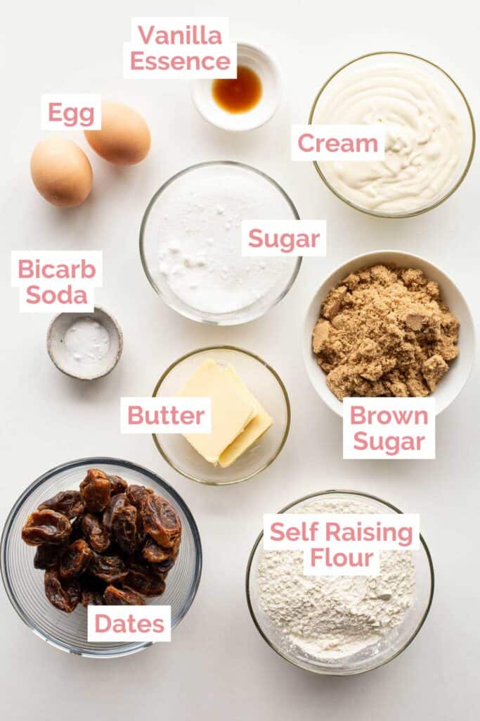 Ingredients laid out to make sticky date pudding.