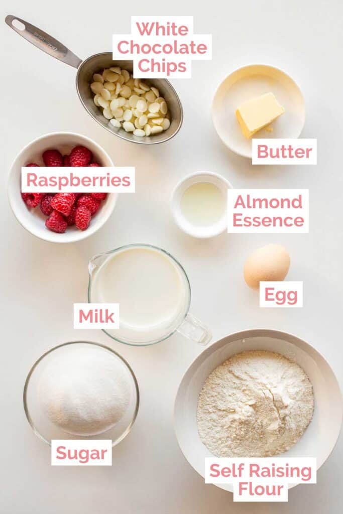 Ingredients laid out to make raspberry white chocolate muffins.