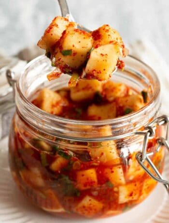 A spoon holds cubed radish kimchi, covered in spices and spring onion.