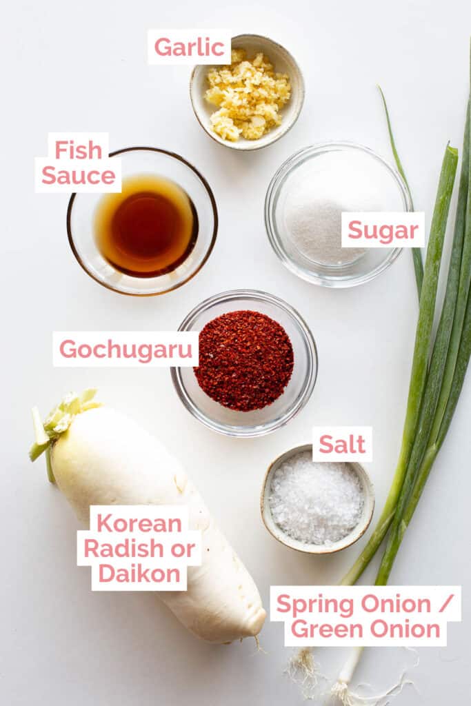 Ingredients laid out ready to make cubed radish kimchi.