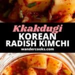 A close up of Korean radish kimchi cubes and a jar full of kkakdugi.