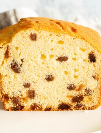 A golden loaf of sultana cake with the perfect crumb.