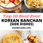 Korean banchan including pickled onion, seasoned bean sprouts, kkakdugi and potato pancakes.